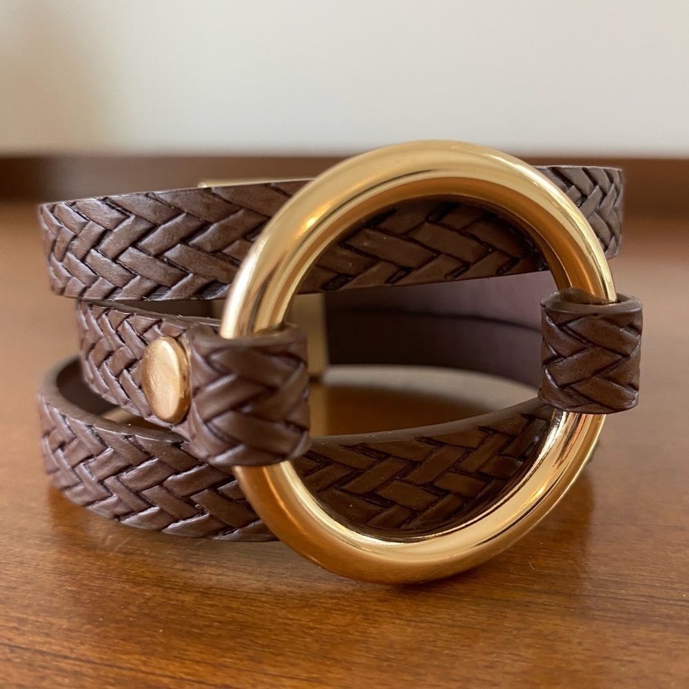 Harness Ring Woven Braided Brown Vegan Leather Bracelet Cuff Magnetic Closure 8”